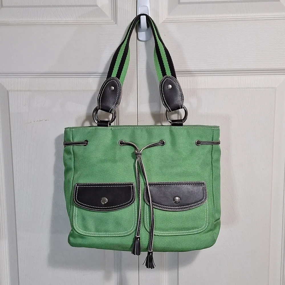 Vintage Tommy Hilfiger canvas handbag purse - green/brown leather - Picture 2 of 16